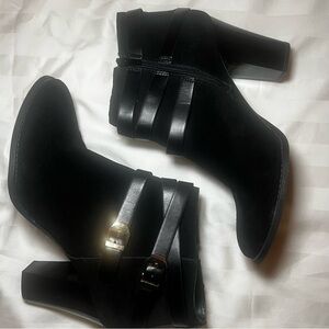 INC Black Suede Heeled Ankle Booties Sz 11 Straps & Gold Buckle Details Zip Up